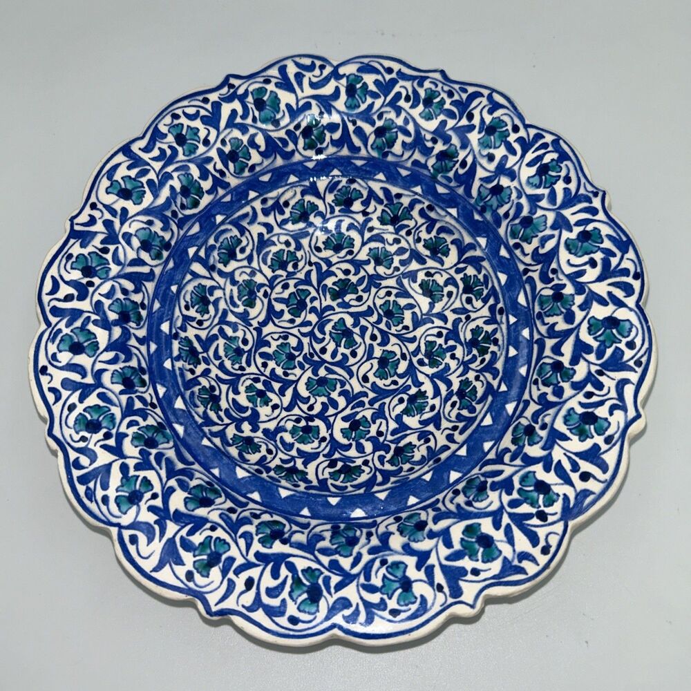 Fettah Gini Turkish Kutahya Hand Painted Blue Floral Bowl Iznik Style Pottery 9”